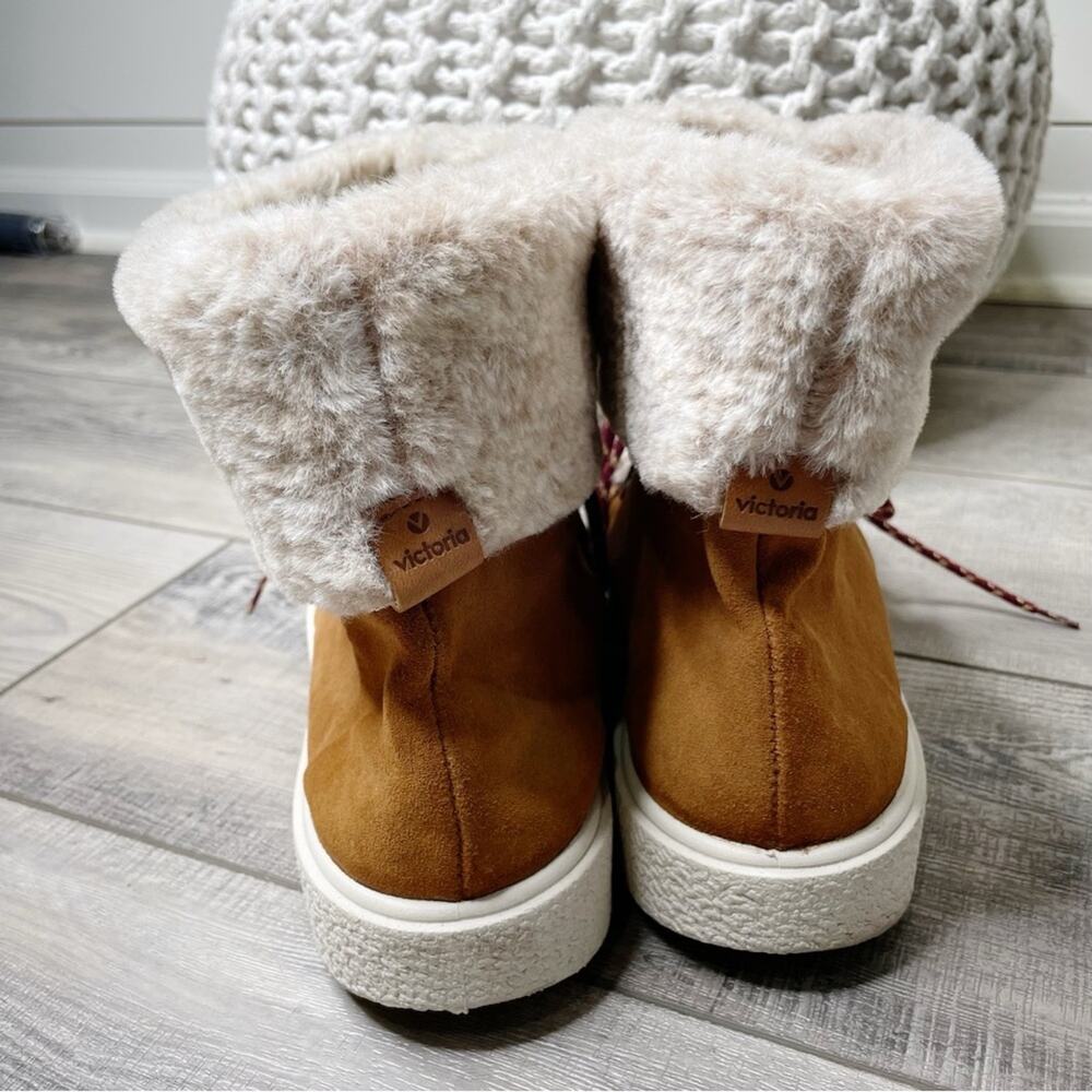 Victoria Lace Up Suede Faux Fur Winter Snow Ankle Boots Camel Size 41 - Picture 4 of 6